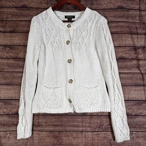 Eddie Bauer Womens Medium Cream White Cable Knit Button Front Cardigan Sweater